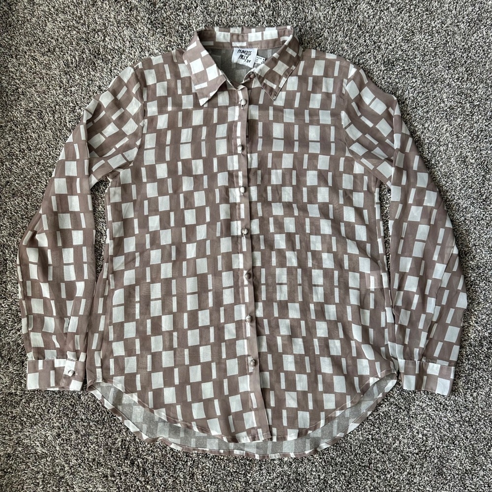 Princess Polly SHEER Button Down Shirt Size 4 Brown Checkerboard Long Sleeve Top